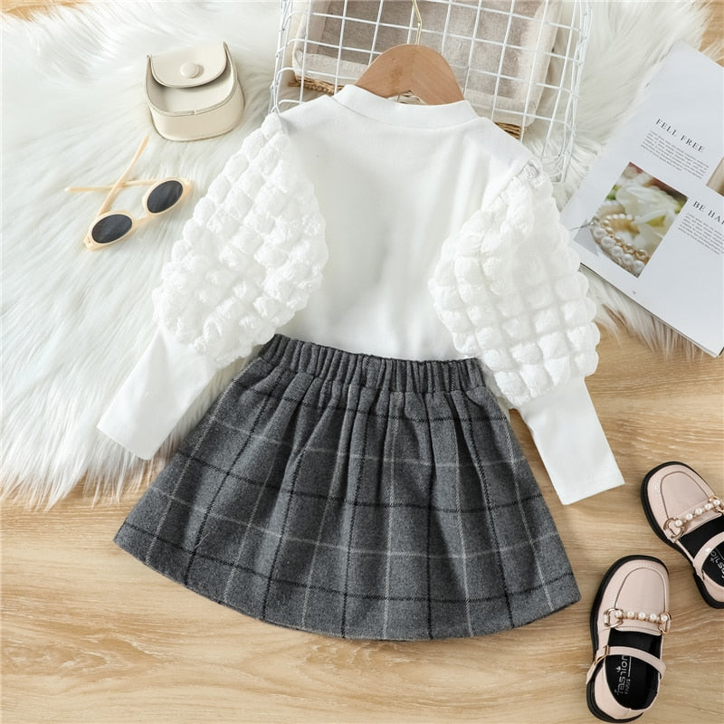 Baby Girl Fashion Children  Clothes Set Solid Color Puff Sleeve Top Plaid Button Pleated Skirt 2Pcs Outfits - BTGO8389