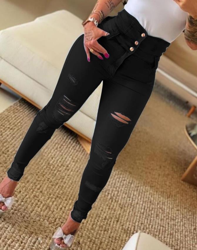 Women's Jeans Autumn High Waist Buttoned Cutout Ripped Casual Skinny Plain Pocket Design Jeans - WJN0020