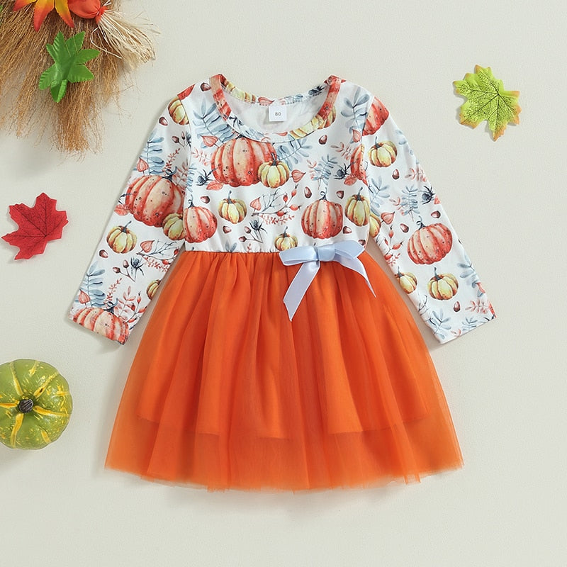 Toddler Infant Baby Girls Dress Long Sleeve Pumpkin Print Tulle Party Dresses - BTGD8499