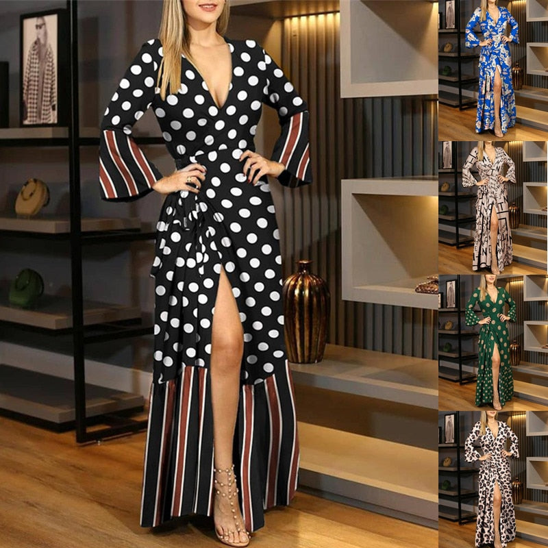Women V-Neck Flare Sleeve Long Dress High Split Leopard and Dot Print Dress - WD8037