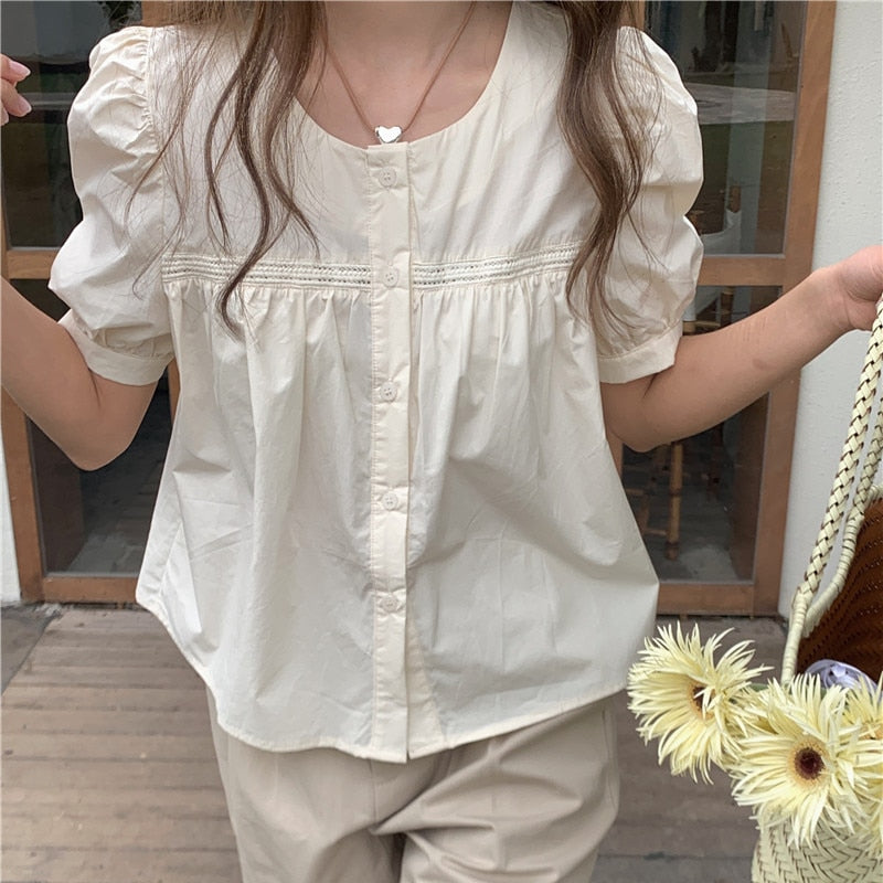 Woman Cotton Tops Summer Cute Casual Single-Breasted Blouse - WSB8550