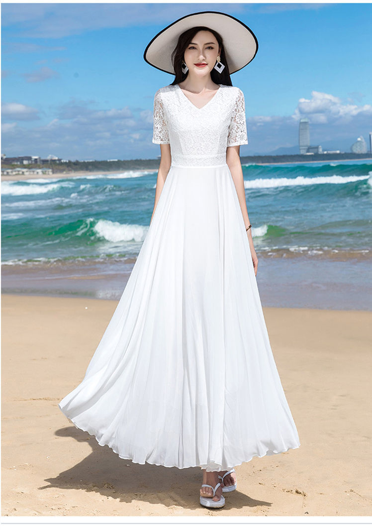 Women Summer Large Swing Lace Patchwork Chiffon V-neck Dress Beach Solid Color High Waist Slim Elegant Long Dress - WD8075