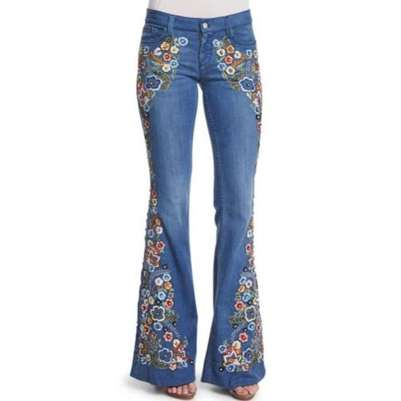 Women's Jeans Embroidered Slim Fit Casual Bell-Bottom Jeans for Women Flare Female Pants - WJN0024