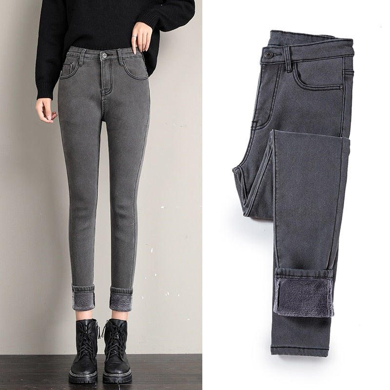 Women's Jeans Thermal Warm Plush Stretch Lady Skinny High Waist Women Denim Pants - WJN0019