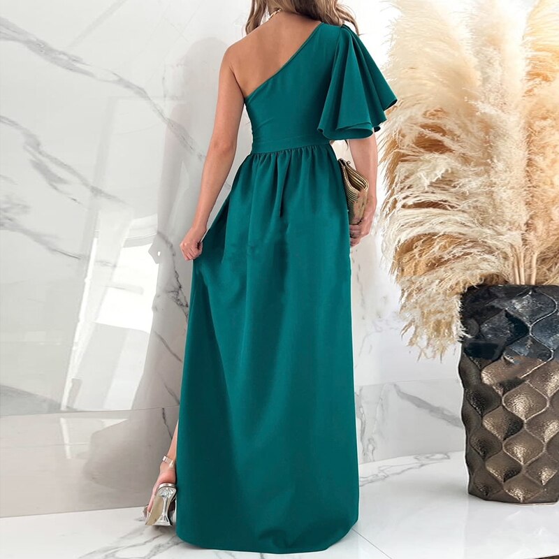 Women Off-shoulder Solid Color Casual Ruffled Short Sleeves Hem Split Long Fashion Dress - WD8235