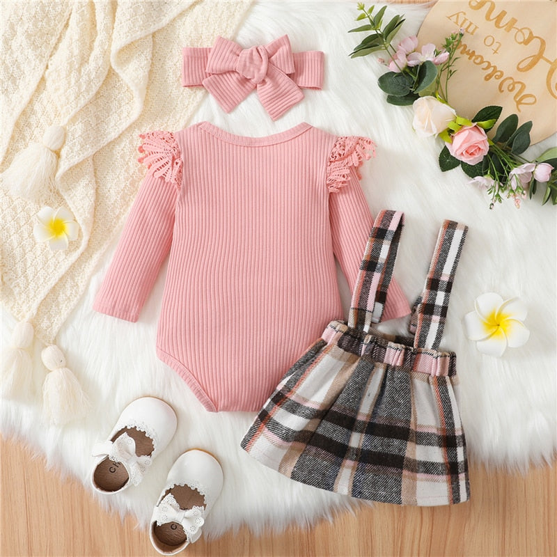 Infant Baby Girls Clothes Set Outfit Solid Color Knitted Ribbed Long Sleeve Romper + Plaid Suspender Bib Skirts + Headband Set - BTGO8374