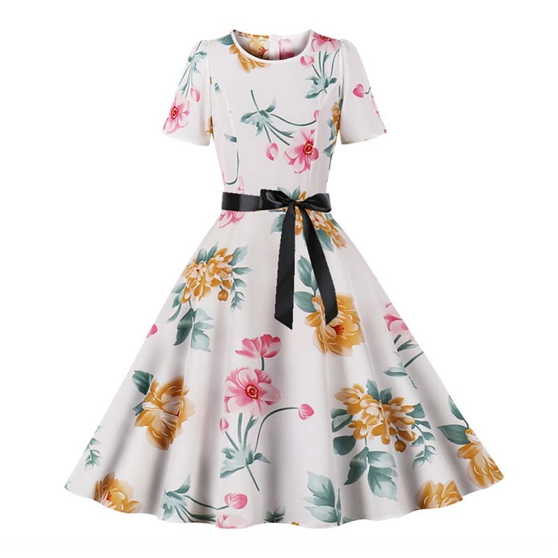 Women Short Sleeve Elegant Floral Printed Summer Dress - WD8011