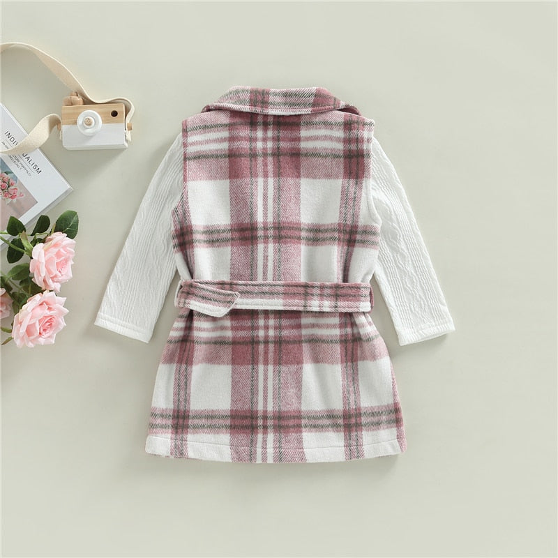 Kids Girls Autumn Clothing Set Long Sleeve Crew Neck Knit Tops + Plaid Sleeveless Belted Coat Outfit - BTGO8380