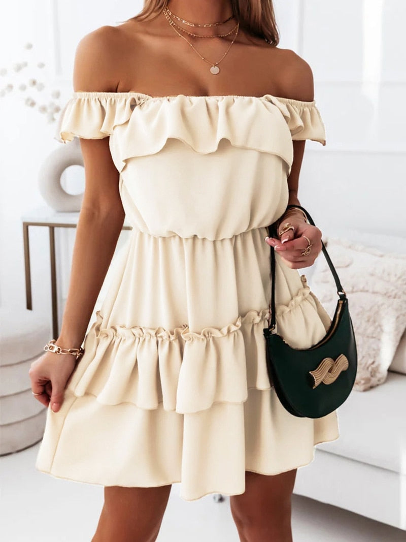 Women Solid Ruffles Slip Dress Summer Off The Shoulder A Line Casual Mini Party Dress - WD8265