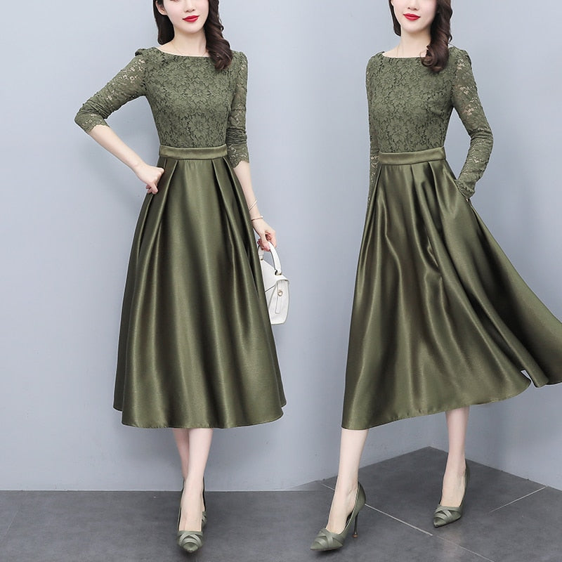 Women Long Sleeve Lace Mid-length Dress Spring Slim High Waist A-Line Dress - WD8042
