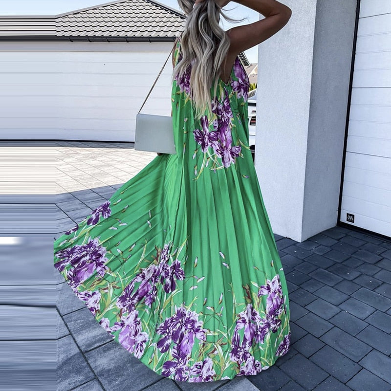 Women Summer Fashion Commute Loose Waist Pleated Maxi Dress - WD8218
