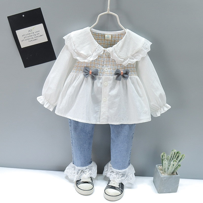 Baby Girl Outfit Fold Collar Rabbit Long Sleeve Bib Trousers Girls Suit - BTGO8402