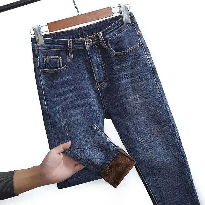Women's Jeans Fleece Plus Velvet Skinny Pencil Pants Women Slim Denim Jeans - WJN0025