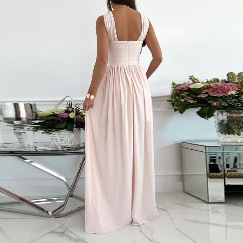 Women Casual Solid Color Party Dress Summer Fashion Sleeveless Split Maxi Dress - WD8232