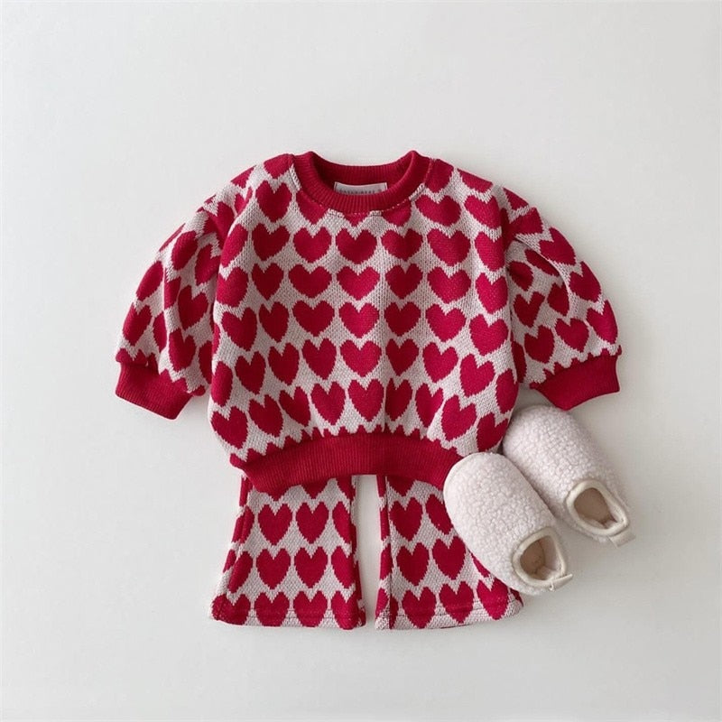 Toddler  Girl Autumn Knitted Sweater Tops + Flared Pants 2 Pieces Knit Suit Children Outfits Set - BTGO8395