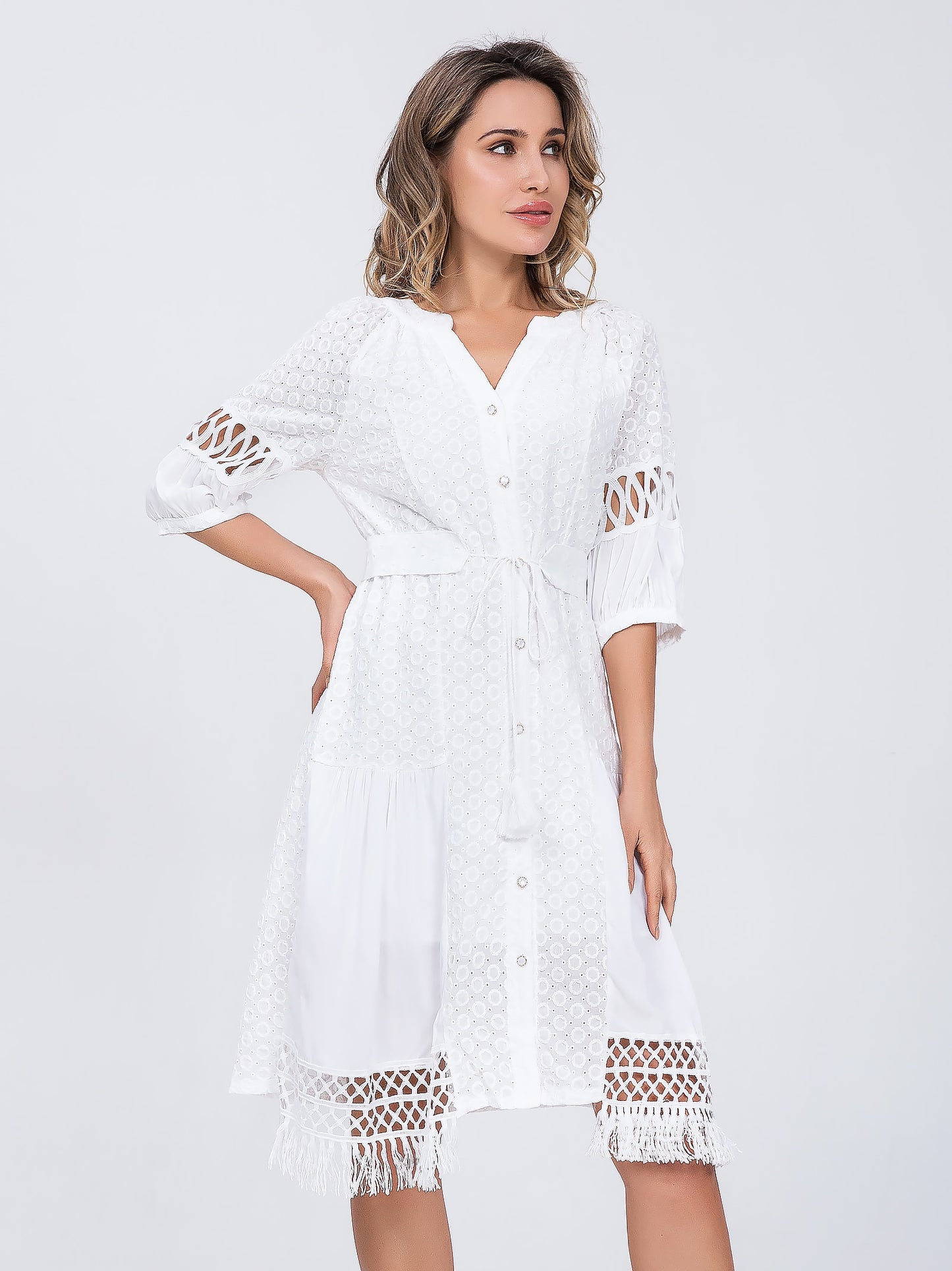 Women Cotton Lace up Hollow out Summer White A-line dress - WD8189