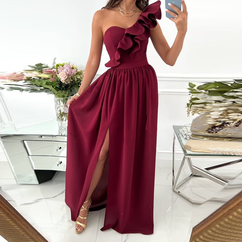 Women Off-shoulder Ruffled Maxi Dress Summer Casual Solid Color Sleeveless Slim Dress - WD8234