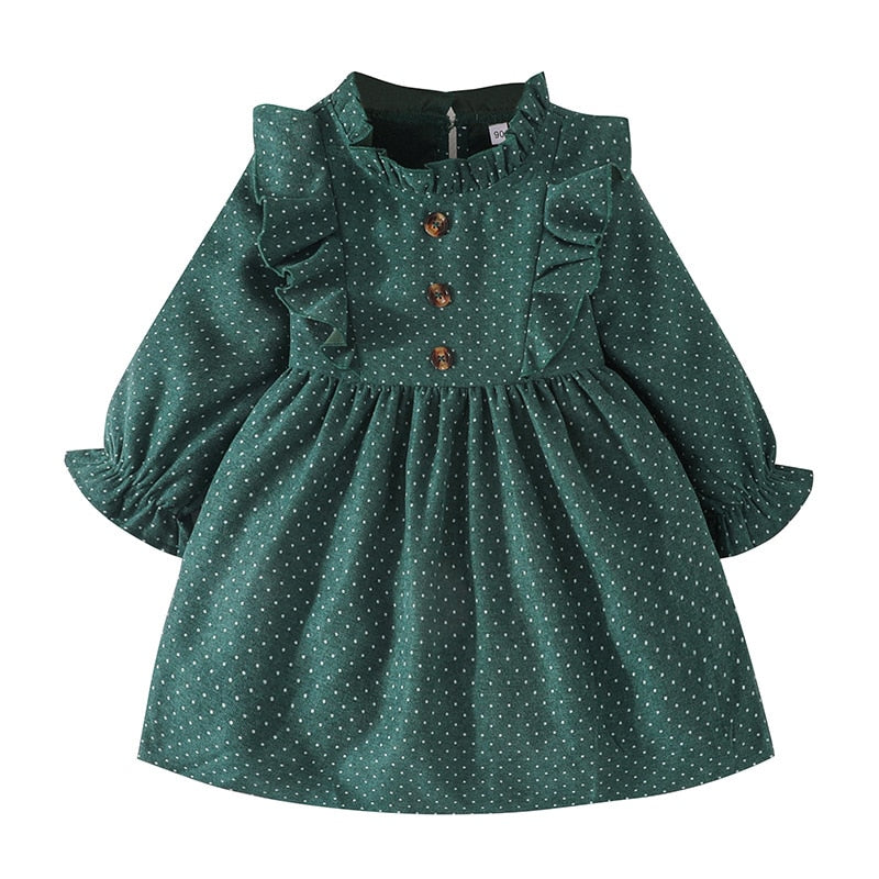 Kids Girls Spring Autumn Children Cotton Ruffles Collar Single Breasted Dress - BTGD8503