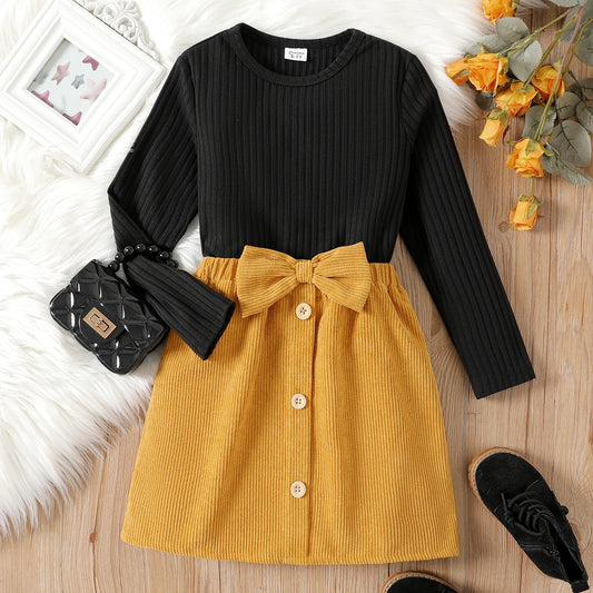 Kid Girl 2pcs Ribbed Long-sleeve Black Tee and Bowknot Button Design Skirt Dress - KGD8282