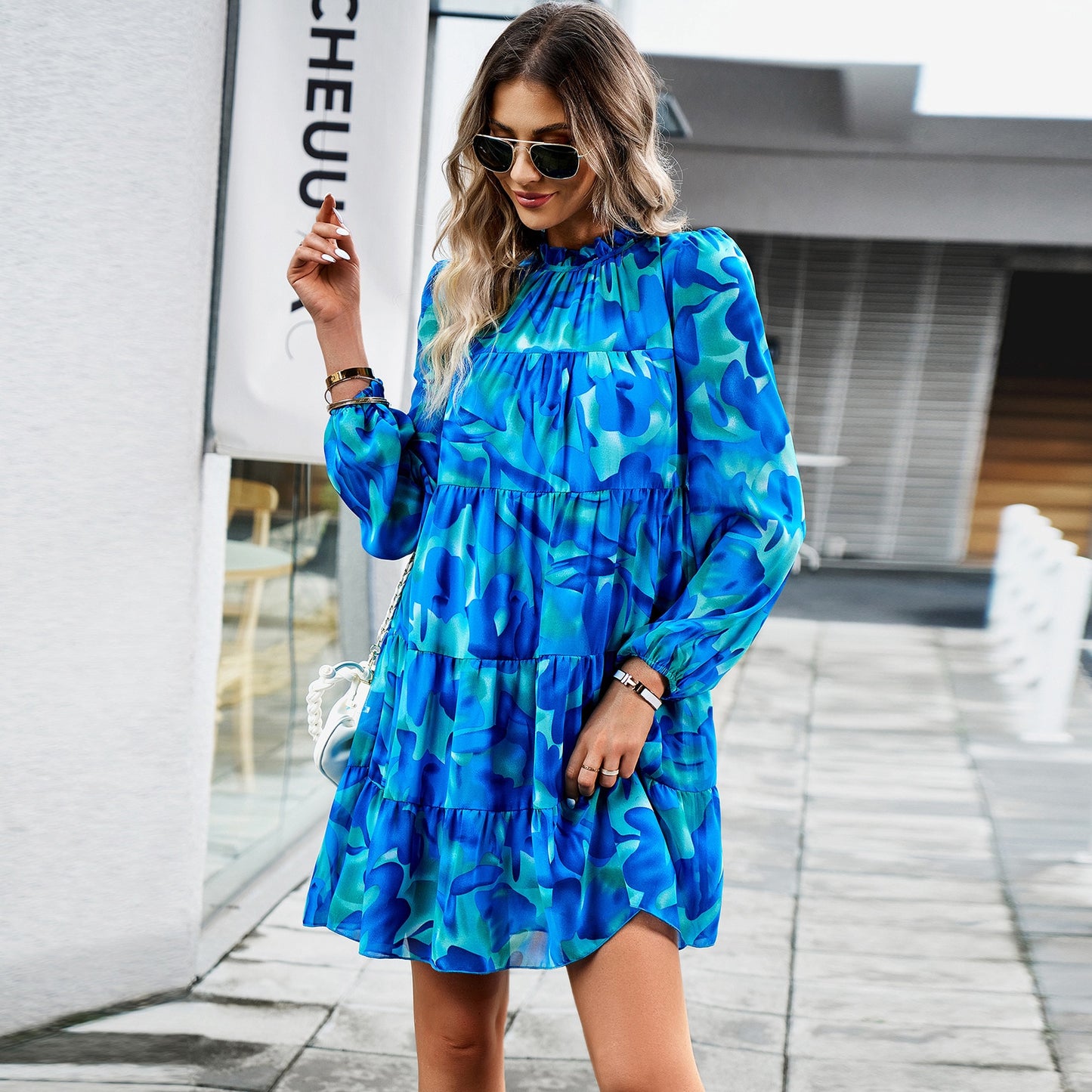 Women's New Spring Autumn Printed Dress For Ladies O Neck Long Sleeve Loose Pleated Fashion Dresses - WD8086