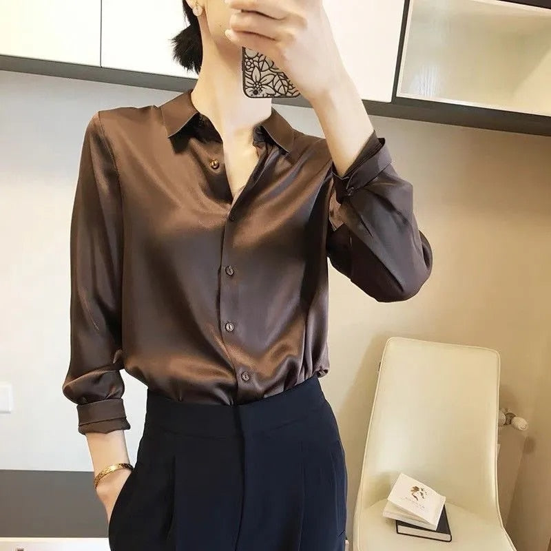 Women Shirt Elegant Office Button Up Long Sleeve Shirts Momi Silk Crepe Satin Blouses - WSB8544