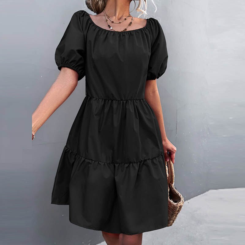 Women Short Dress Casual Solid Color Short Sleeves Square Collar High Waist Dress - WD8241
