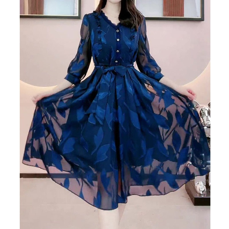 Women V Neck Lace Bandage Mesh Embroidery Party Dresses Chic Ruffle Blue Slim Midi Dress - WD8105