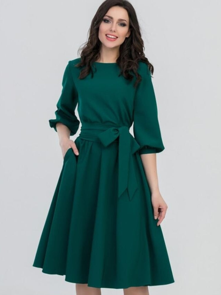 Women's Summer Dress Vintage Round Neck Long Sleeve Lace Up Solid Color New Green Maxi Dress - WD8029