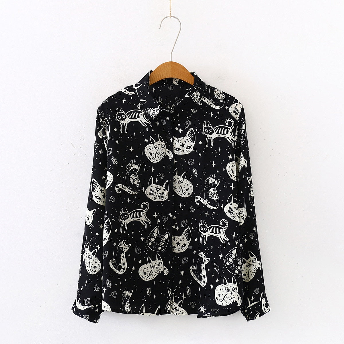 Women Autumn Spring Shirts Black White Cartoon Cat Print Blouses - WSB8551
