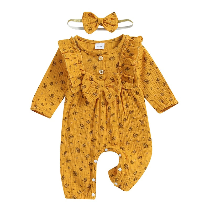 Baby Girls Fall Romper Outfits Cute Floral Ruffle Long Sleeves Jumpsuit - BTGR8433