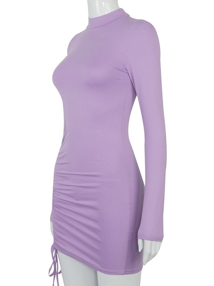 Women Long Sleeve Ruched Bodycon Dress  Turtleneck Bandage Mini Dress - WD8147