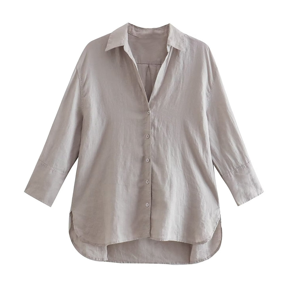 Women Fashion With Side Vents Asymmetric Linen Shirts Vintage Long Sleeve Front Buttons Blouses - WSB8546