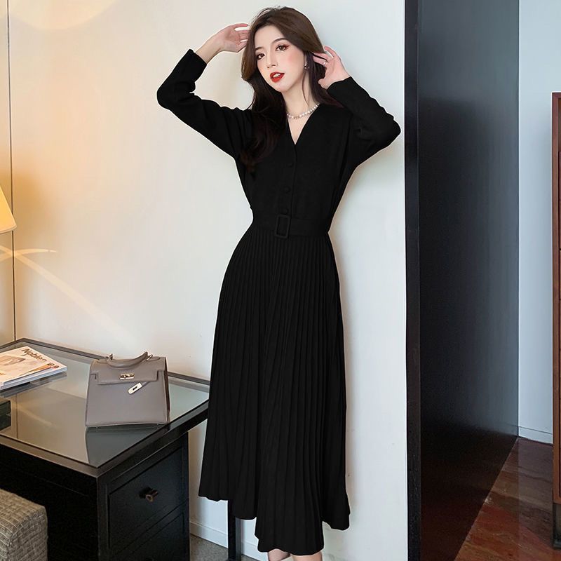 Women's Knitted Dress with Belt Single-breasted Autumn Winter Thicken Sweater Dress Female A-line soft Elegant Pleated Skirt - WD8076