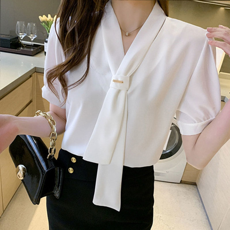 Women Shirts Blouses Short Sleeve Shirts Top Chic Office Lady Chiffon Blouse Tops - WSB8558