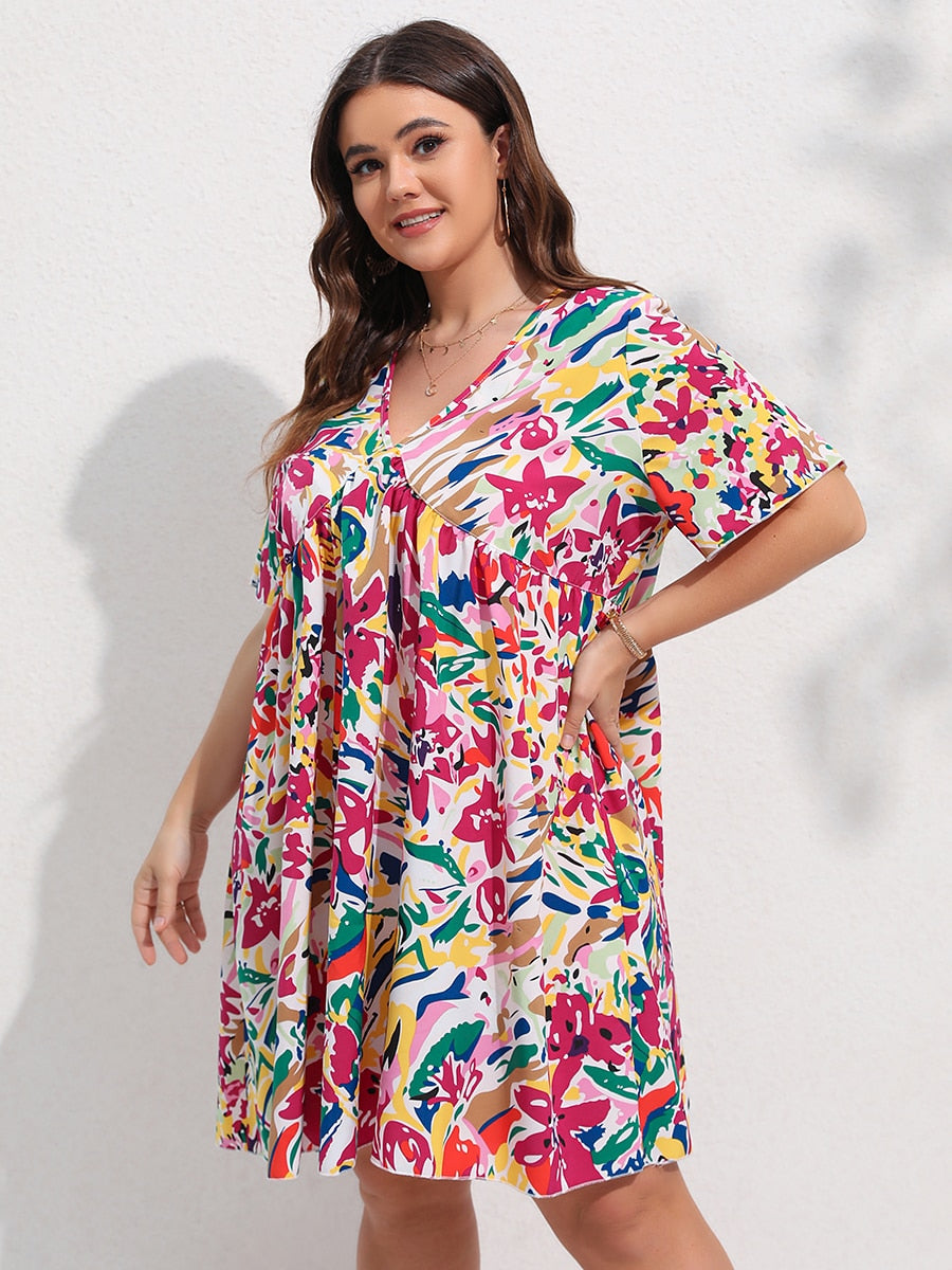 Finjani Floral Print Flutter Sleeve Smock Dress Plus Size Deep V-neck Knee Length Skirt - WD8162