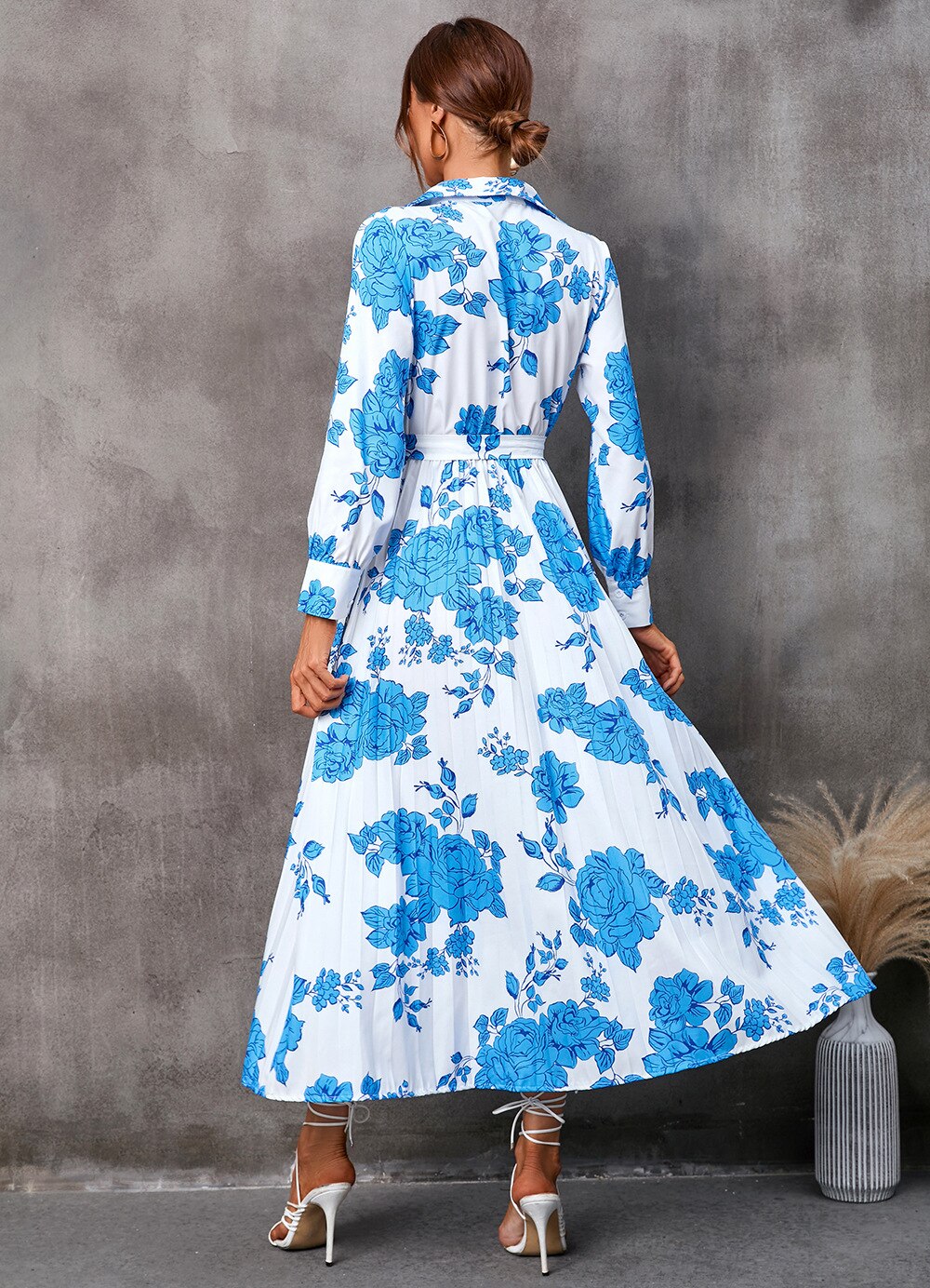 Women Floral Print V-Neck Long Sleeve Dress Casual Lace-up Pleated Mid-Calf Dress - WD8034