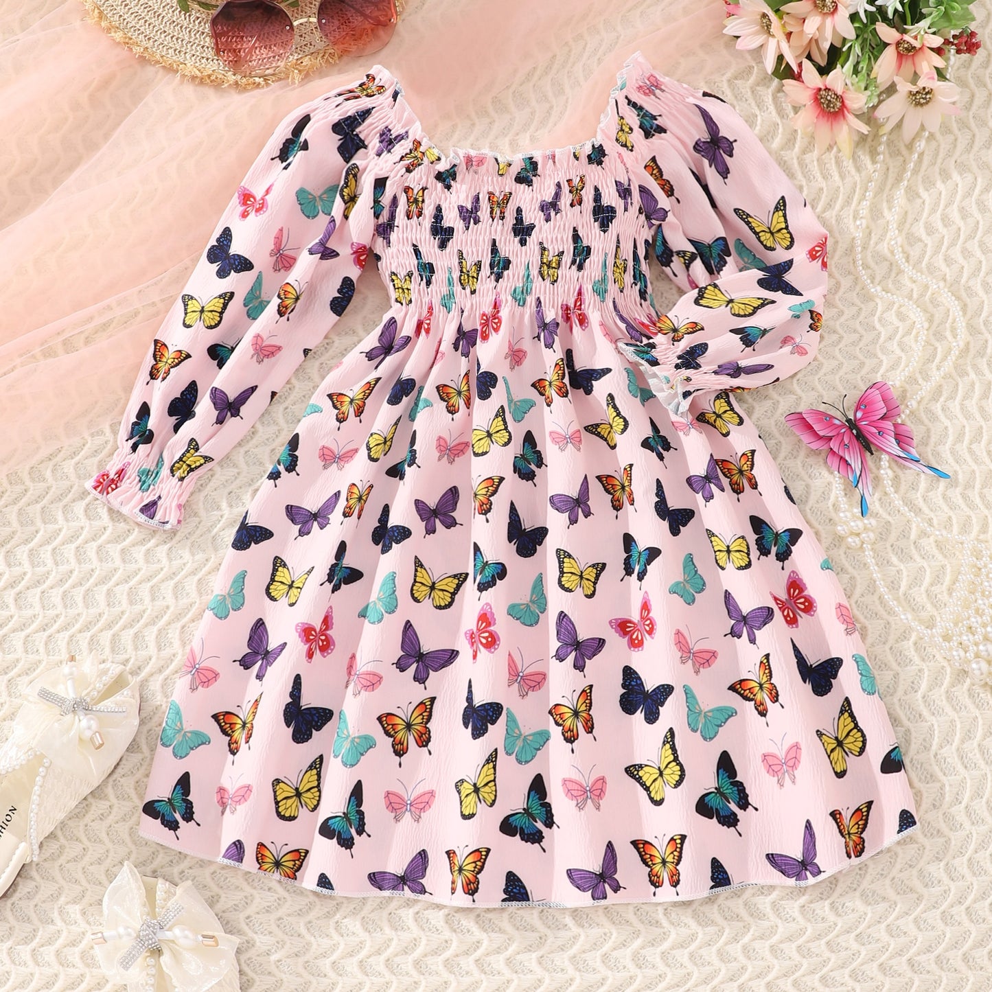 Kids Girls New Fashion and Beautiful Long Sleeve Printed Solid Color Dress - KGD8300