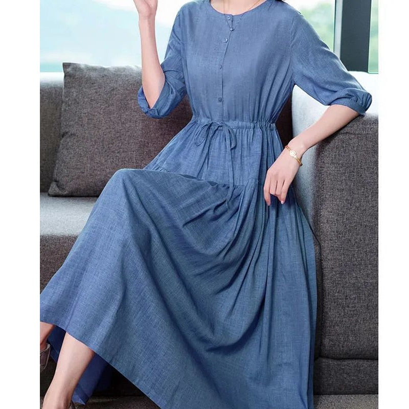 Women's Vintage Lace Up Button Cotton Dress Spring Summer Fashion Solid High Waist Midi Dress - WD8028