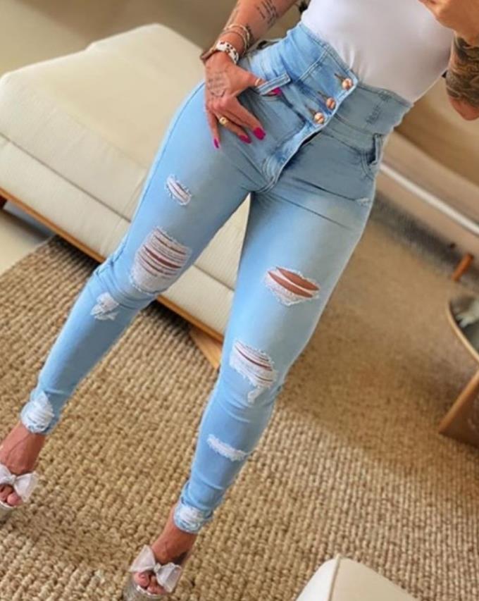 Women's Jeans Autumn High Waist Buttoned Cutout Ripped Casual Skinny Plain Pocket Design Jeans - WJN0020