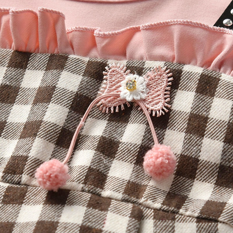baby girls rivet plaid long-sleeved dresses Toddler fake two pcs lace princess dresses - BTGD8463