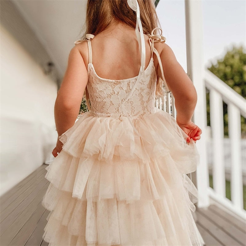 Kids Girls Summer Party Gown Lace Sling Porm Floral Dresses - KGD8331
