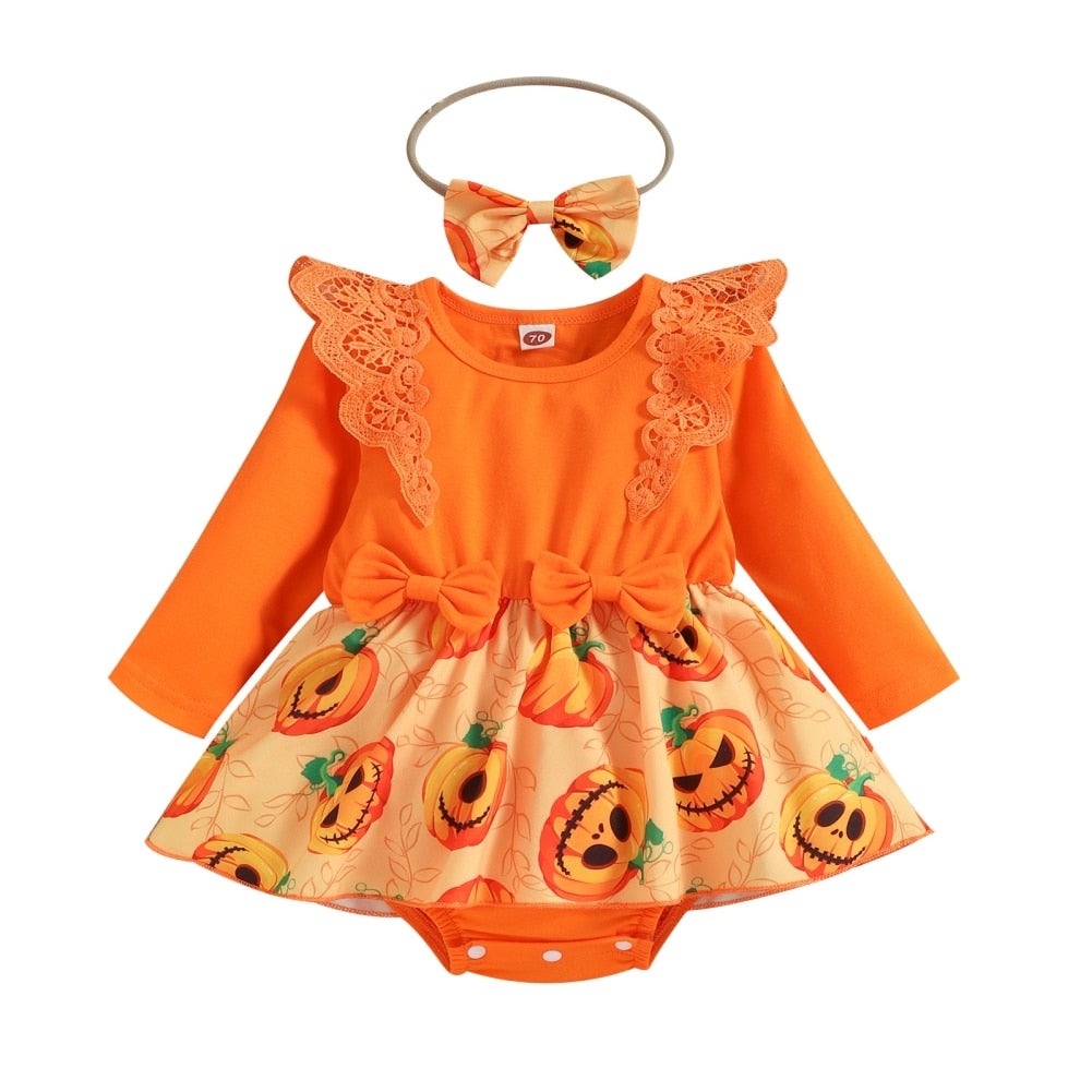 Baby Girls Halloween Clothes Pumpkin Jumpsuit + Hair Band Set 2 Pcs - BTGR8447