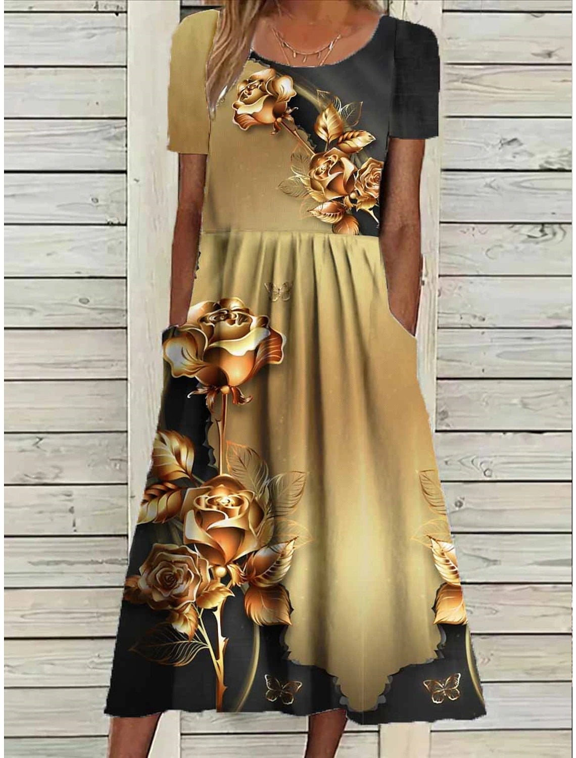 Women's Summer Crew Neck Short-sleeved Skirt Fashion Knee-length Skirt Butterfly Print Dress - WD8095