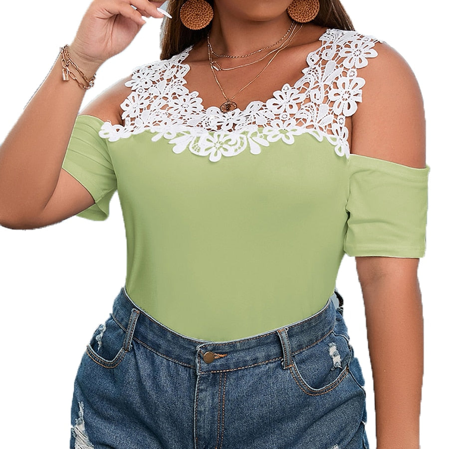 Women's Plus Size Solid Tops Fashion Summer Lace Ladies Short Sleeve Tops - WSB8173