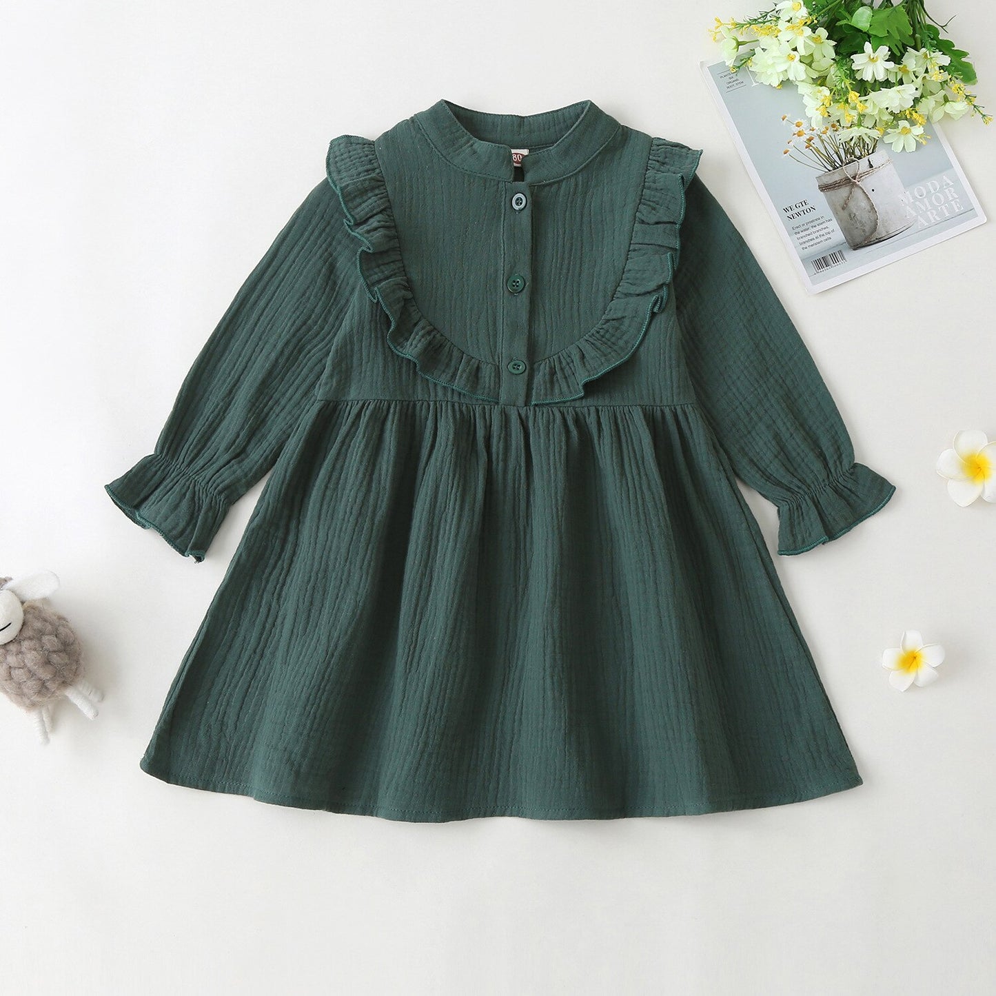 kids girls spring and autumn solid color Ruffle elastic long sleeve Korean dress