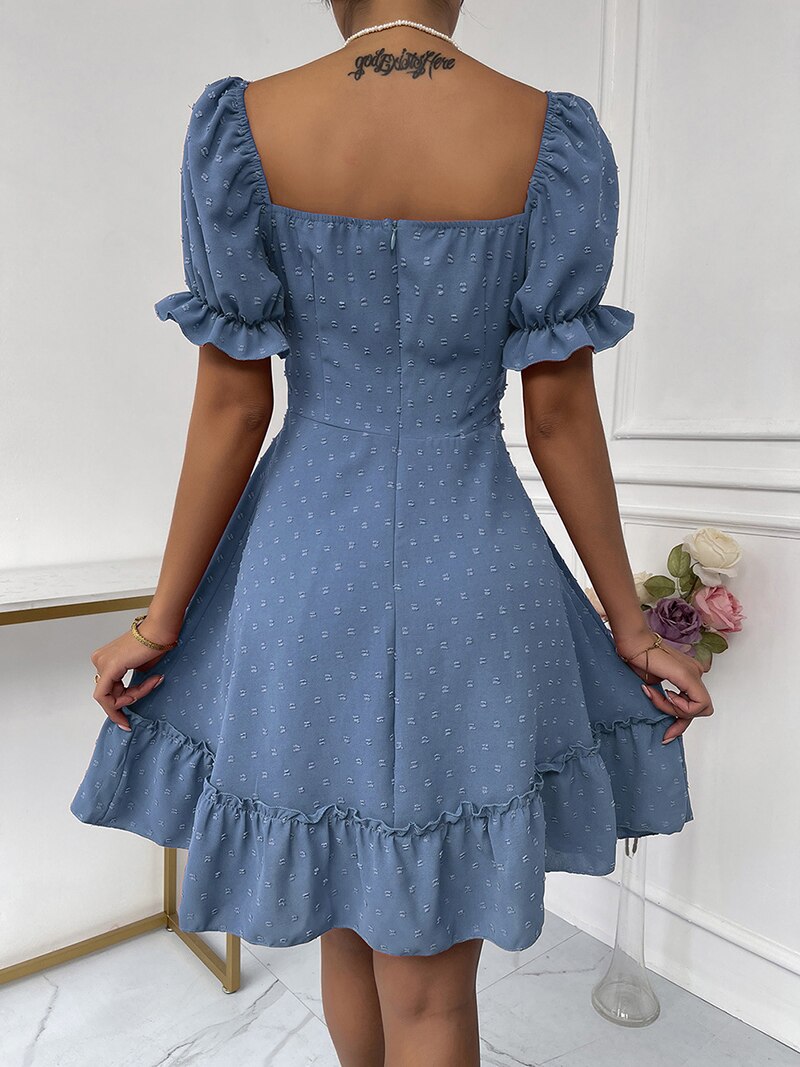 Women Lace Up Heart Neck Chiffon Dress Summer Puff Sleeves High Waist Slim A Line Mini Dress - WD8266
