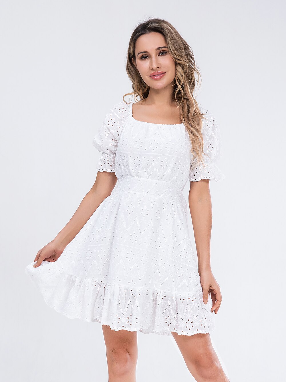 Women summer white dress Holiday casual high waist A-line Dress