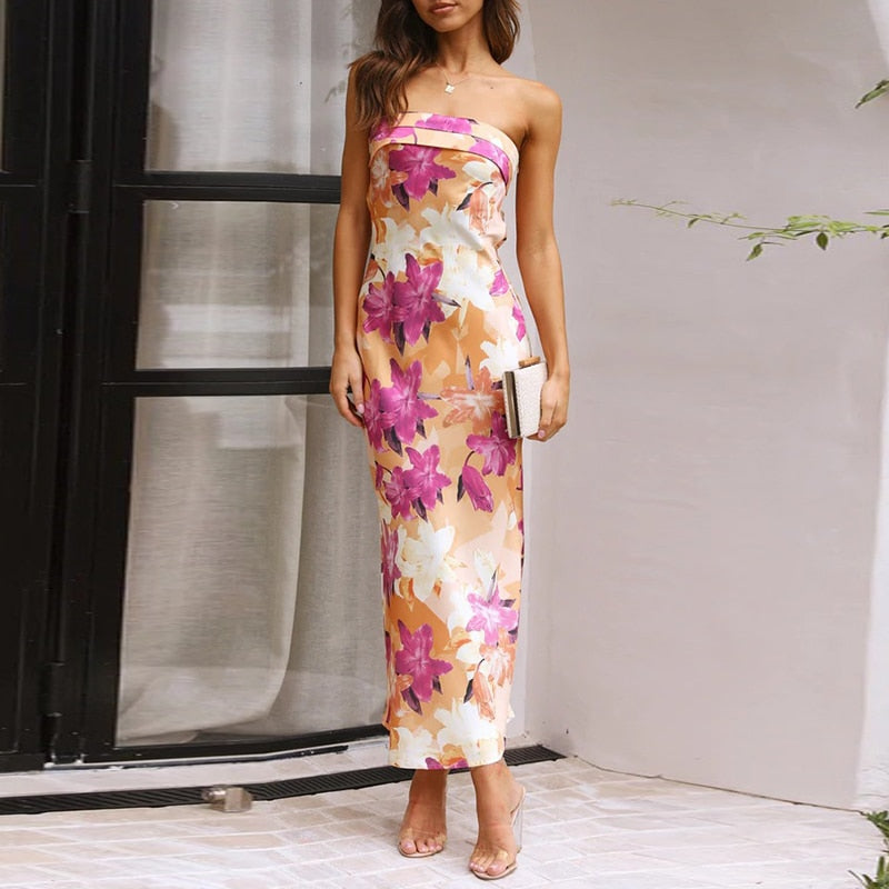 Women Summer Strapless Party Dress Flower Printing Fashion Sleeveless Off-shoulder Slim Dress - WD8239