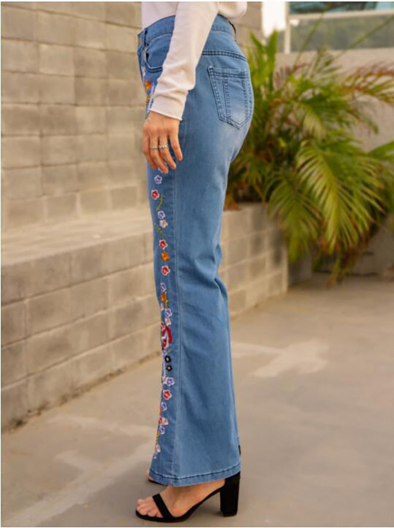 Women's Jeans Embroidered Slim Fit Casual Bell-Bottom Jeans for Women Flare Female Pants - WJN0024