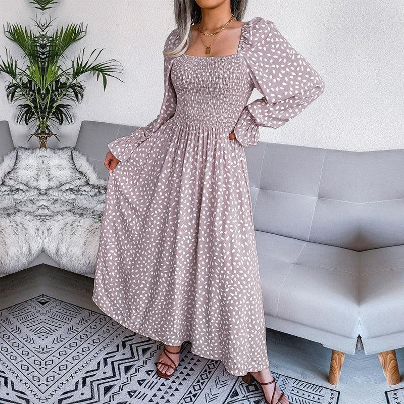 Women Square Neck Full Sleeve A Line Pleated Printed Long Dress - WD8021